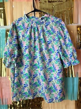 RiffRaff Pastel Floral Puff-Sleeve Blouse - Blue/Pink